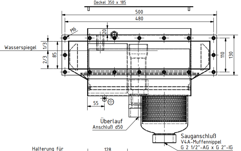 Skimmer Design B500 SLIM RVS voor betonbaden, Hoge waterstand